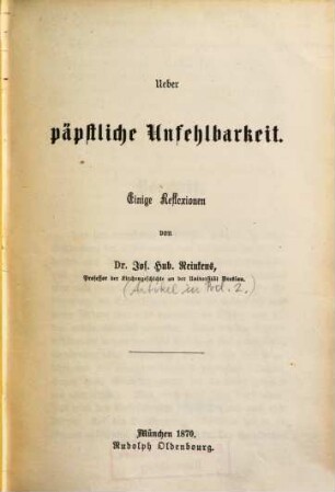 Stimmen aus der katholischen Kirche über die Kirchenfragen der Gegenwart, 1