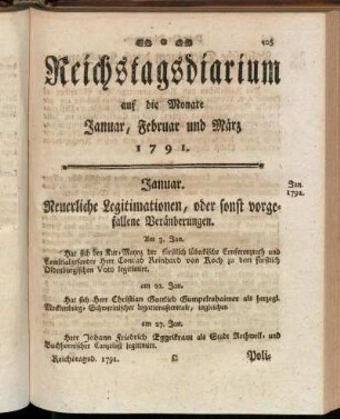 Reichstagsdiarium auf die Monate Januar, Februar und März 1791.