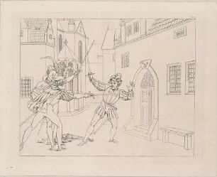Zu Goethes "Faust": Blatt 22 (19): Zweikampf (Faust ersticht Valentin mit Mephistos Hilfe vor Gretchens Haus)
