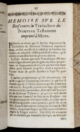 Memoire Sur Le Bref contre la Traduction du Nouveau Testament imprimé à Mons