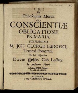 Ex Philosophia Morali De Conscientiae Obligatione Primaria