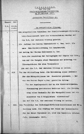 Uebersicht der von der Stadtverordneten-Versammlung am 27. Oktober 1897 gefassten Beschlüsse., 27. Oktober 1897