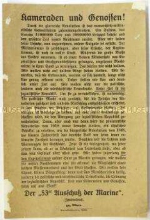 Aufruf des 53er Ausschusses zur Unterstützung der Arbeiter- und Soldatenräte bei der Schaffung einer sozialistischen Republik