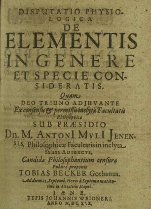 Disputatio physiologica De elementis in genere et specie consideratis