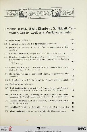 Arbeiten in Holz, Stein, Elfenbein, Schildpatt, Perlmutter, Leder, Lack und Musikinstrumente (Nr. 348-384)