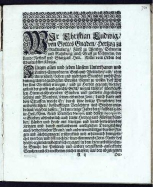 Wir Christian Ludwig/ von Gottes Gnaden ...
