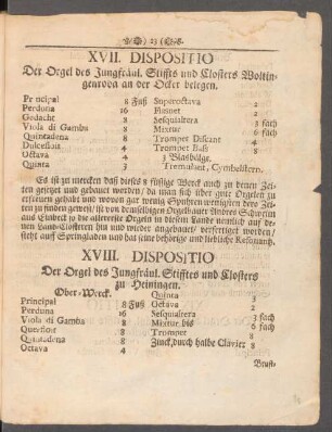 XVIII. Dispositio Der Orgel des Jungfräul. Stifftes und Closters zu Heiningen