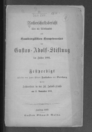 1881(1882): Rechenschaftsbericht über die Wirksamkeit des Hamburgischen Hauptvereins der Gustav-Adolf-Stiftung