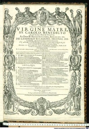 Deo Opt. Max. Bene Favente, Virgine Matre, SS. Carolo, Benedicto Patrocinantibus. Ad Diem III. Mensis Septembris, Anni M.DC.XXX. DD. Candidati Religione, Ingenio, Doctrina, Moribusque Ornatissimi, In Alma Universitate Salisburgensi, Post Rigidum Examen Superatum, Prima LL. Artium Et Philosophiae Laurea, Publico Ritu Et Solenni Condecorabuntur. Promotore P.F. Jacobo Molitore, Ord. S. Benedicti, Monacho Ottopurano, Philosophiae Professore Ordinario. Religiosi Ord. S. Benedicti. ... Saeculares. ... : Coeteri itidem examinati & Philosophia digni reperti in Actu publico, suo ordine promulgabuntur. In Aula Academica hora octava. Thema Simplex Risus, Per Logicae Artis Instrumenta methodice in Actu explicandus