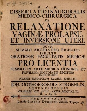 Dissertatio Inauguralis Medico-Chirurgica De Relaxatione Vaginae, Prolapsu, Et Inversione Uteri