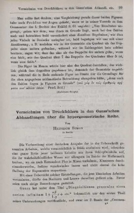 Verzeichniss von Druckfehlern in den Gauss'schen Abhandlungen über die hypergeometrische Reihe.
