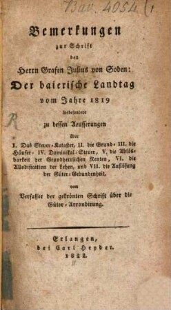 Bemerkungen zur Schrift des Herrn Grafen Julius von Soden: Der baierische Landtag vom Jahre 1819