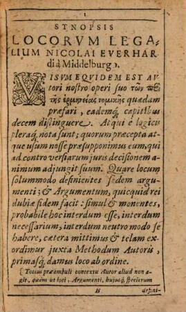 Synopsis locorum legalium Nicolai Everhardi a Middelburgo ...