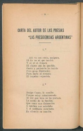 Carta del autor de las poesías "Las Presidencias Argentinas"