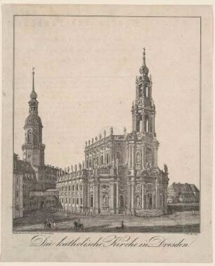 Die Katholische Hofkirche in Dresden, Blick von der Brühlschen Terrasse nach Südwesten, mit dem Residenzschloss und dem Georgenbau
