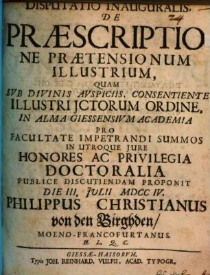 Disp. inaug. de praescriptione praetensionum illustrium