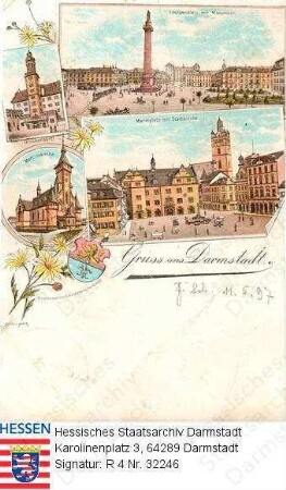 Darmstadt, Grußpostkarte mit Stadtwappen / Ansicht des Luisenplatzes mit Ludewigsmonument, des Glockenspiels im Schloss, des Marktplatzes und der Martinskirche