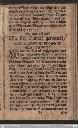 Das vierdte Capitel, Wie der Taback gewartet, wann er gesamlet, und wie er zugerichtet werde : vierdte Capitel, Wie der Taback gewartet, wann er gesamlet, und wie er zugerichtet werde