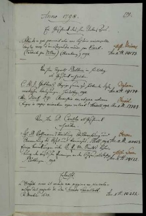 Ein Geschenck des Hhrn Uebersezers [Charles de Villers]. - Von Hhrn Bergrath Gatterer in Heidelberg als Geschenk erhalten. - Von Hhrn D. Canzler als Geschenck erhalten. - Erkauft.