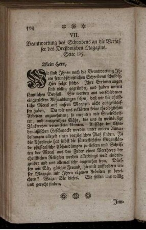 VII. Beantwortung des Schreibens an die Verfasser des Dreßdnischen Magazins.