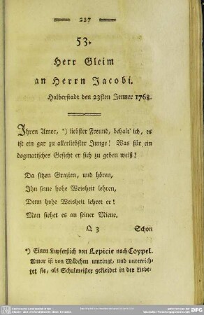 53. Herr Gleim an Herrn Jacobi. Halberstadt den 23sten Jenner 1768