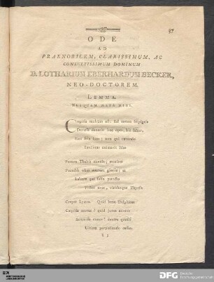 Ode ad [...] D. Lotharium Eberhardum Becker, Neo-Doctorem.