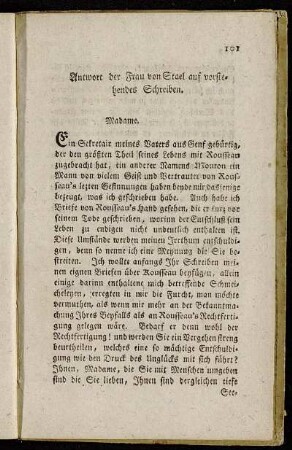 Antwort der Frau von Stael auf vorstehendes Schreiben.