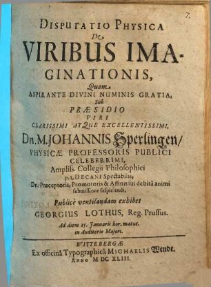 Disputatio Physica De Viribus Imaginationis