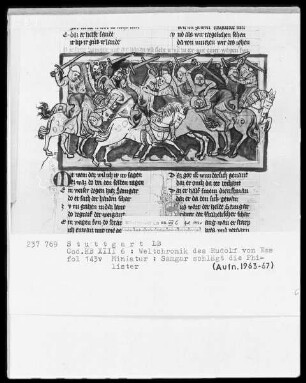 Weltchronik - Bruder Philipp — ---, Folio 1recto-256recto---, Folio 1recto-256rectoSchamgar erschlägt die Philister, Folio 143verso