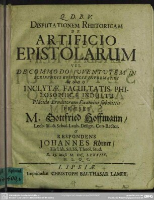 Disputationem rhetoricam de artificio epistolarum