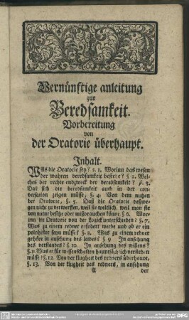 Vernünftige anleitung zur Beredsamkeit. Vorbereitung von Oratorie überhaupt