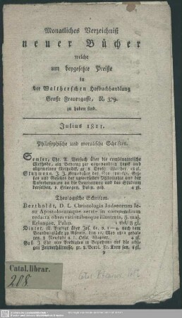 1811,Juli: Monatliches Verzeichniß neuer Bücher, welche um beygesetzte Preiße in der Waltherschen Hofbuchhandlung zu haben sind