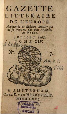 Gazette littéraire de l'Europe. 14. 1766, 7 - 8 (Juli und Aug.)