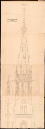 Marienkirche, Mühlhausen Wiederherstellung: Aufriss zur Wiederherstellung des Mittelturmes 1:25 mit Einzeichnung der Nebentürme