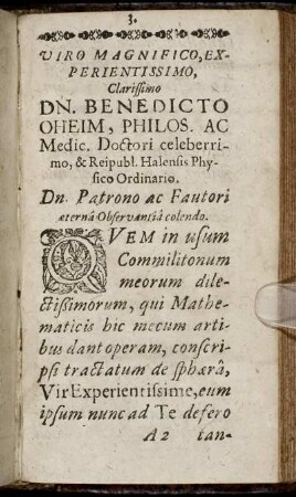Viro Magnifico, Experientissimo Clarissimo Dn. Benedicto Oheim [...]