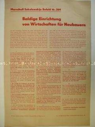 Maueranschlag mit Befehl Sokolowskijs Nr. 209 zur Einrichtung von Wirtschaften für Neubauern