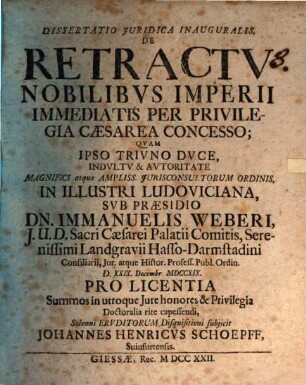 Diss. iur. inaug. de retractu nobilibus Imperii immediatis per privilegia caesarea concesso