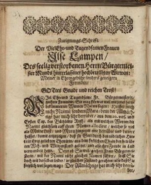 Zueigungs-Schrifft. Der Viel Ehr- und Tugendsamen Frauen Ilse Lampen/ [...]