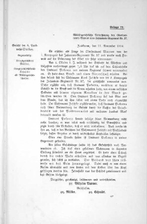 Anlage 75. Militärgerichtliche Vernehmung des Oberleutnants Warner vom Infanterie=Regiment Nr. 37.
