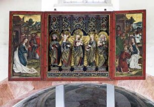 Strahlenkranzmadonna flankiert von den Heiligen: Jakobus, Katharina, Barbara und Anna