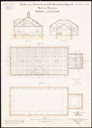Artilleriekaserne II/27, Wiesbaden: Reitbahn mit Kühlstall: Grundriss Fundamente, Erdgeschoss, Querschnitte 1:100