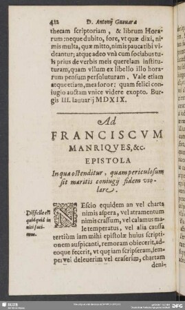 Ad Franciscum Manriques, &c. Epistola, In qua ostenditur, quam periculosum sit maritis coniugij fidem violare