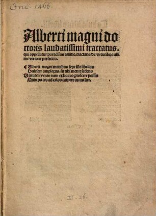 Paradisus animae sive de virtutibus : Prolog und Text teilweise gekürzt. Mit Gedicht auf den Autor "Alberti Magni manibus sepe iste libellus ..." (Walther, Initia 733)
