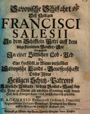 Savoyische Schiffahrt des h. Franciscus Salesius ... auf der ungestümen Genfer-See