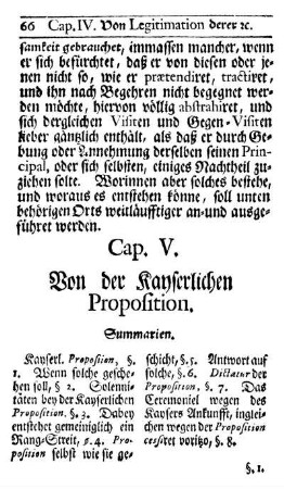 Cap. V. Von der Kayserlichen Proposition.