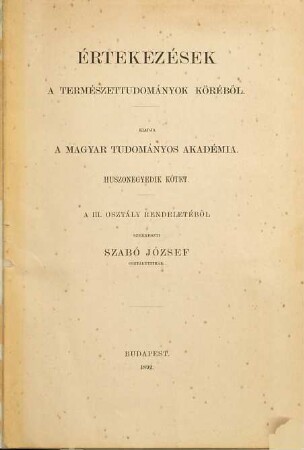 Értekezések a természettudományok köréből. 22. 1892, Nr. 1 - 8