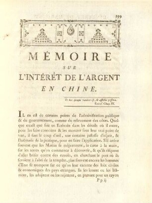 Mémoire sur l'Intérêt de l'argent en Chine