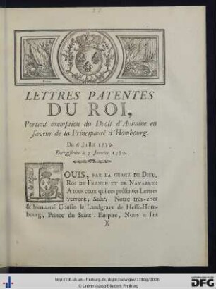 Lettres Patentes Du Roi, Portant exemption du Droit d'Aubaine en faveur de la Principauté d'Hombourg.