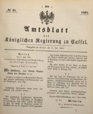 № 31. Ausgegeben zu Cassel am 11. Juli 1868.