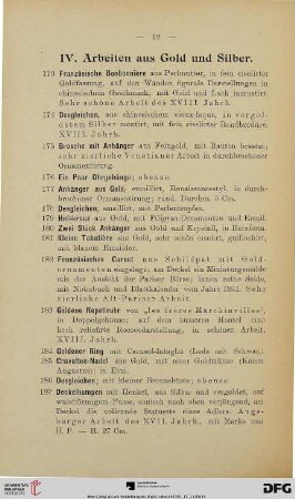 IV. Arbeiten aus Gold und Silber (Nr. 173-220)